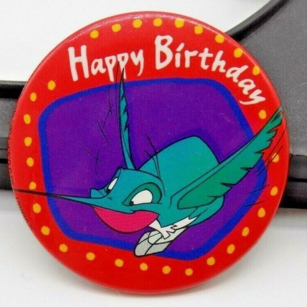 Vintage Disney‎ Flit Hummingbird Happy Birthday Button Pin Pocahontas Red Purple